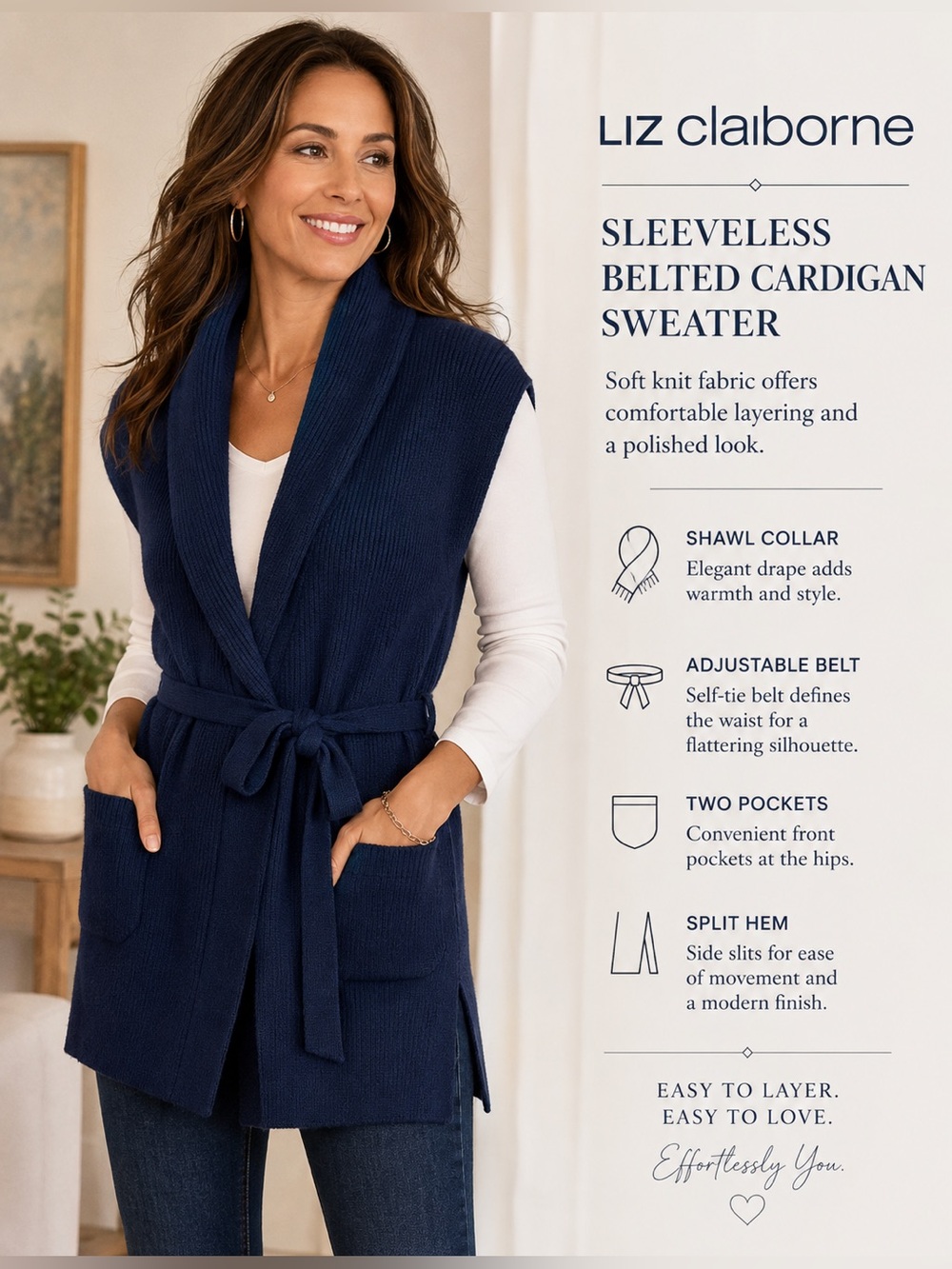 Liz Claiborne Navy Sleeveless Belted Cardigan Sweater